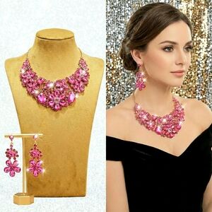 Gold plated pink crystal flower necklace earrings set